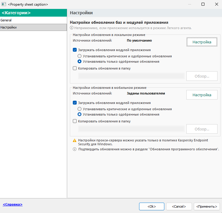 Окно параметров задачи Обновление. Пользователь может настроить обновление в локальном и мобильном режимах.