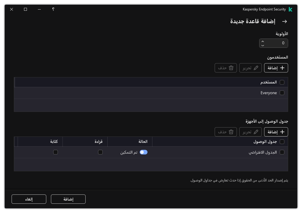 نافذة تكوين قاعدة التحكم في الجهاز. يستطيع المستخدم تعيين أولوية القاعدة وإضافة مستخدمين إلى القاعدة وتعيين جدولة القاعدة.