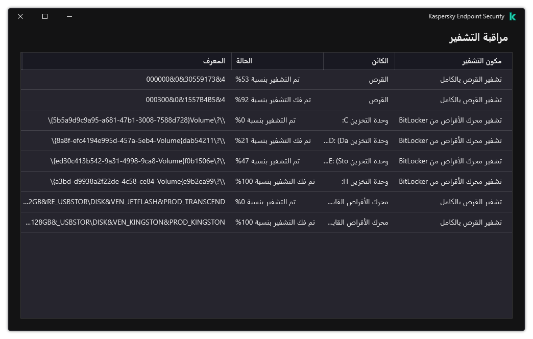 نافذة بها قائمة محركات الأقراص التي يعمل عليها التشفير. ويتم عرض تقنية التشفير والحالة ومُعرف محرك الأقراص.