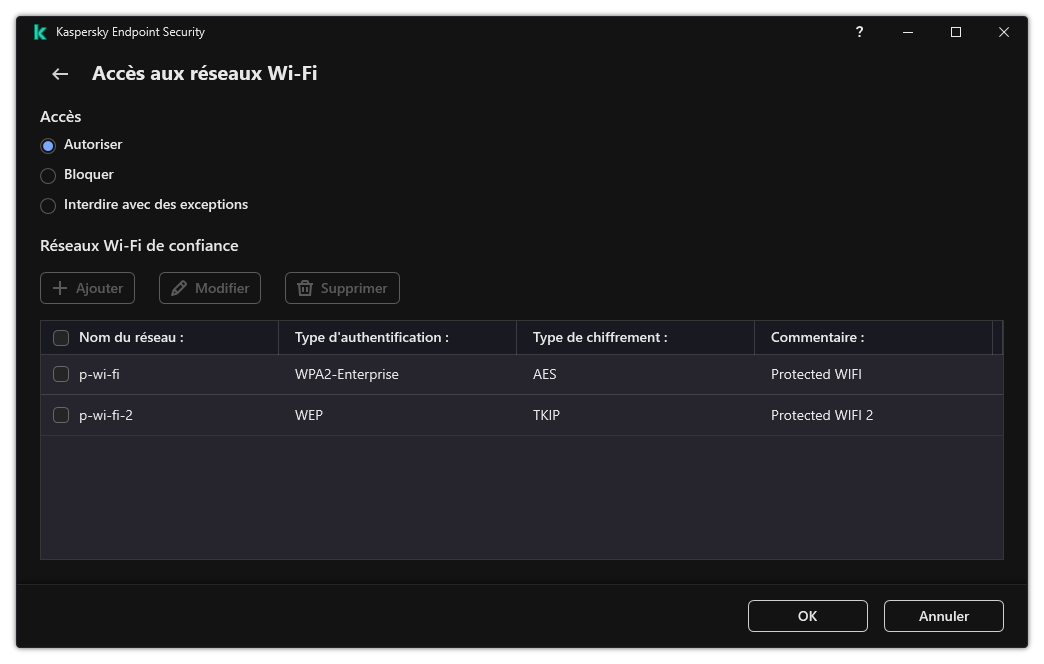 Fenêtre avec une liste de réseaux Wi-Fi. L'utilisateur peut configurer l'accès à tous les réseaux Wi-Fi et ajouter des réseaux Wi-Fi de confiance.