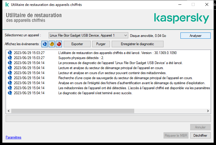 Une fenêtre avec la liste des événements de l'utilitaire. L'utilisateur peut lancer des diagnostics et déchiffrer l'appareil sélectionné.