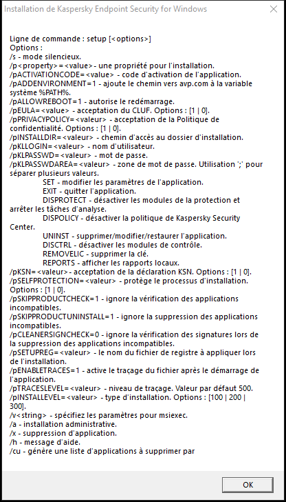 La fenêtre d'infobulle décrivant les options de commande pour installer l'application via CMD.