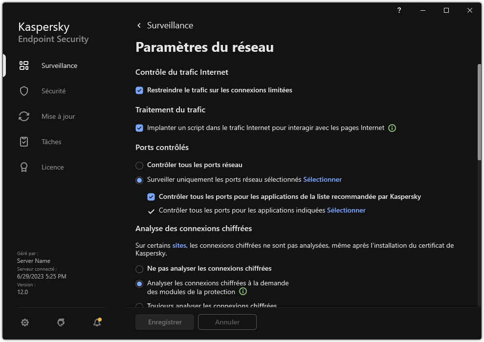 Fenêtre des paramètres réseau des applications.