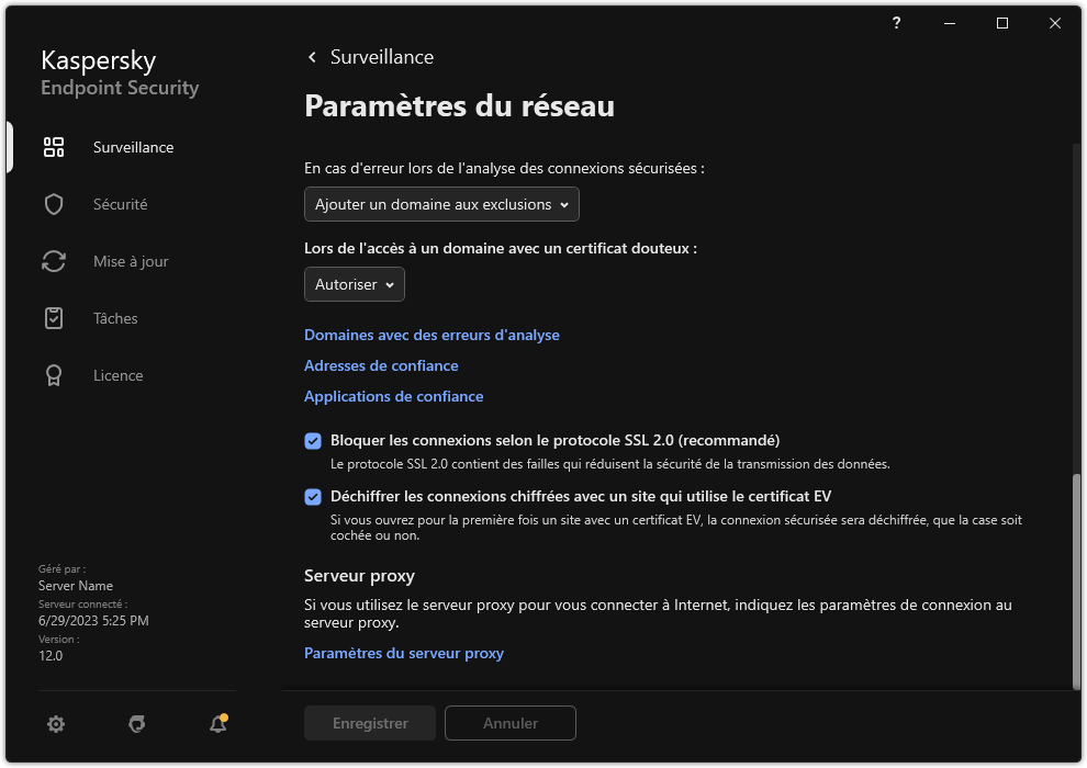 Fenêtre des paramètres réseau des applications.