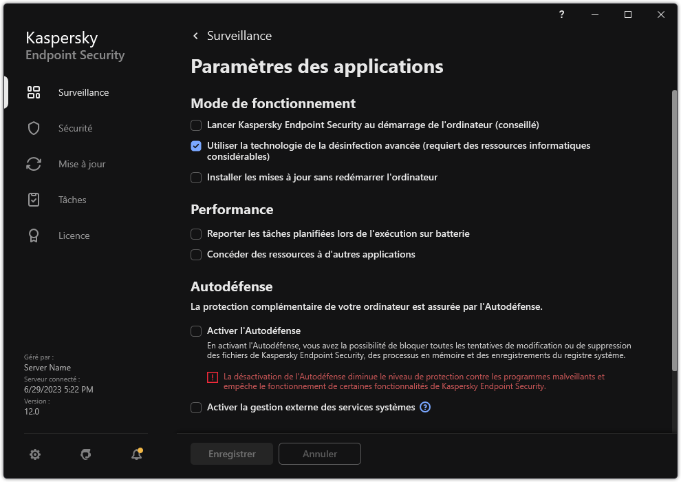 Fenêtre des paramètres de l'application. L'utilisateur peut configurer les performances, l'autodéfense ainsi que d'autres paramètres.