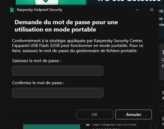 La fenêtre contient des champs pour saisir et confirmer le mot de passe.