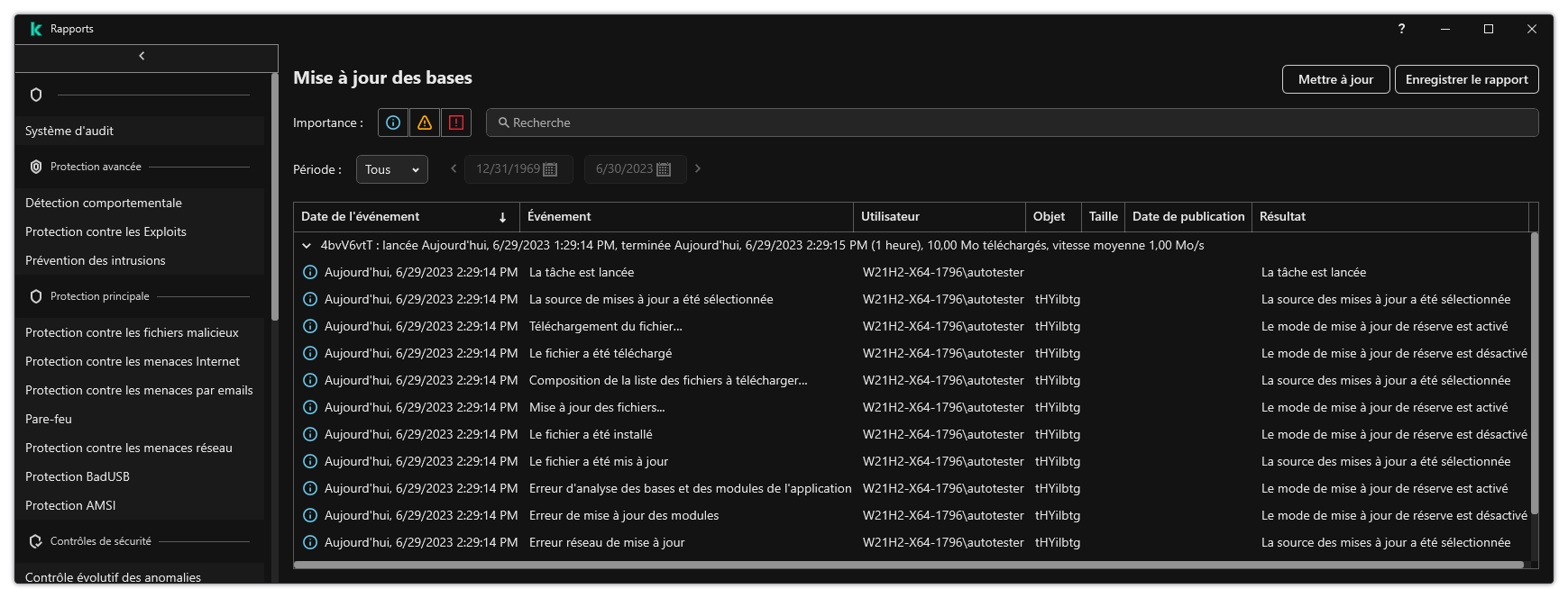 Une fenêtre avec la liste des événements dans le rapport. L'utilisateur peut filtrer/trier les événements et enregistrer les rapports dans un fichier.