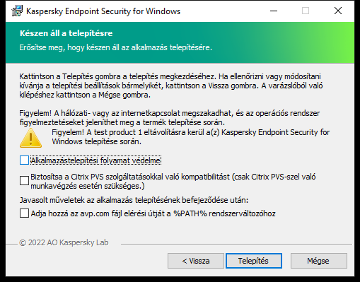 Telepítési beállítások ablaka: telepítésvédelem, kompatibilitás a Citrix PVS technológiával, rendszerváltozó az avp.com számára.