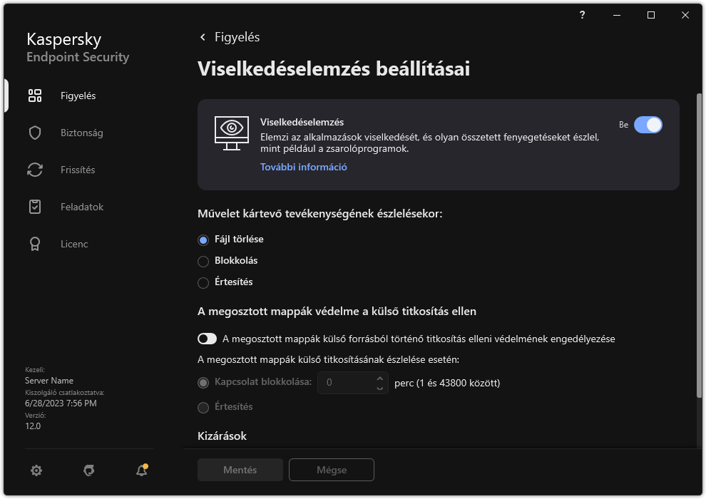 Viselkedésészlelés beállításainak ablaka.