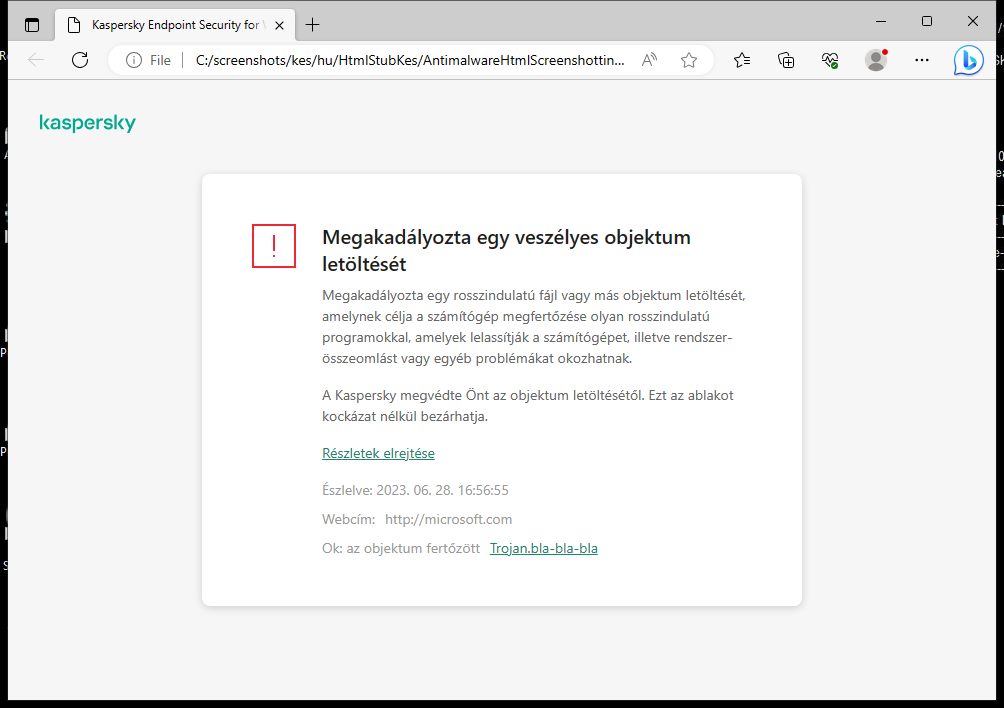 Kaspersky-értesítés a rosszindulatú objektumok böngészőablakban történő betöltésének megakadályozásáról.
