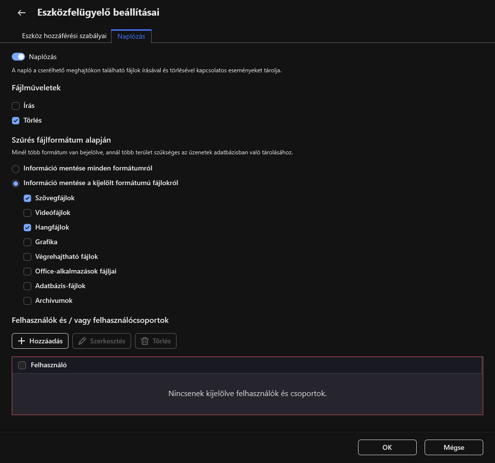 A cserélhető meghajtók használatával kapcsolatos események naplózásának konfigurálására szolgáló ablak. A felhasználó kiválaszthatja a naplózandó eseményeket.
