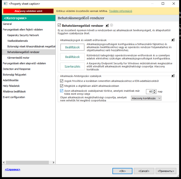 Behatolásmegelőző rendszer beállításai ablak.