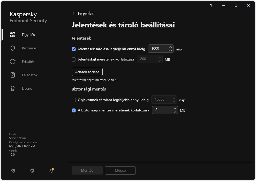 Jelentések és tároló beállításai ablak. A felhasználó beállíthatja a tárolóban lévő jelentések és objektumok méretét, és korlátozhatja a tárolási időt.