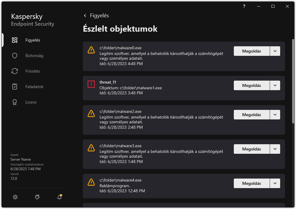 Egy ablak az észlelt objektumok listájával. Megjelenik az objektumra vonatkozó információ. A felhasználó feloldhatja vagy eltávolíthatja az objektumot.