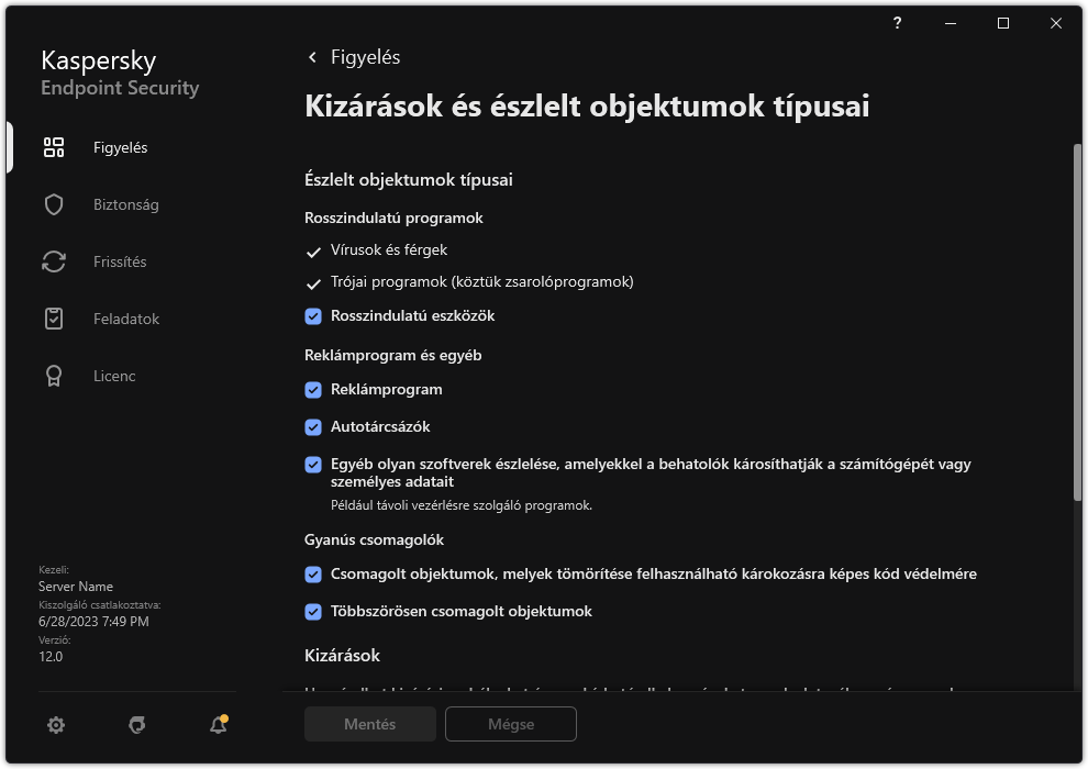Kizárási beállítások ablak. A felhasználó kiválaszthatja az észlelt objektumok típusait, és objektumokat adhat hozzá a kizárásokhoz.