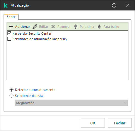 Uma janela com a lista de fontes de atualização. O usuário pode adicionar fontes de atualização e atribuir uma prioridade à fonte.