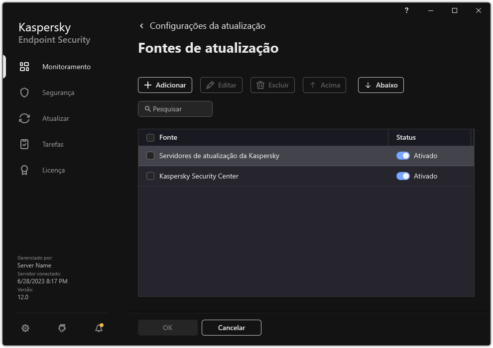 Uma janela com a lista de fontes de atualização. O usuário pode adicionar fontes de atualização e atribuir uma prioridade à fonte.
