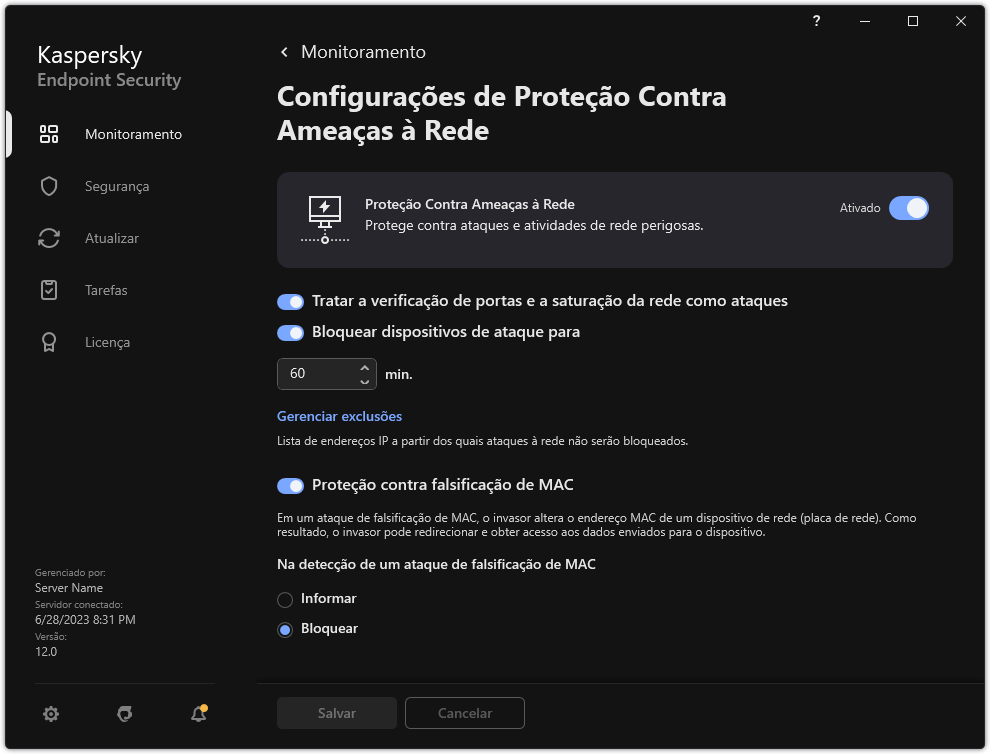 Janela Configurações de Proteção Contra Ameaças à Rede