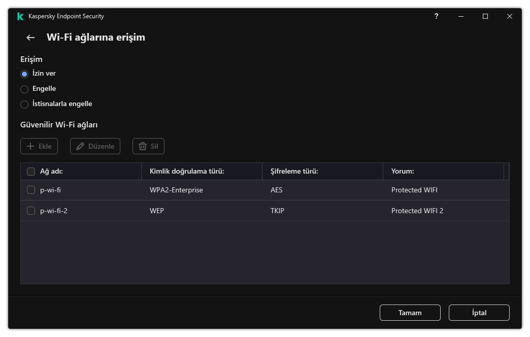 Wi-Fi ağlarının listesini içeren pencere. Kullanıcı tüm Wi-Fi ağlarına erişimi yapılandırabilir ve güvenilir Wi-Fi ağları ekleyebilir.