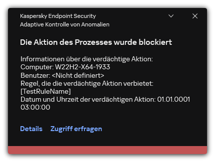 Benachrichtigung über eine ausgelöste Regel. Der Benutzer kann eine Erlaubnisanfrage für eine Prozessaktion erstellen.