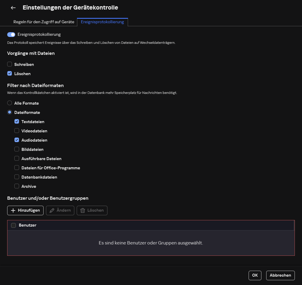 Das Konfigurationsfenster für die Protokollierung von Ereignissen, die sich auf die Verwendung von Wechseldatenträgern beziehen. Der Benutzer kann die zu protokollierenden Ereignisse auswählen.
