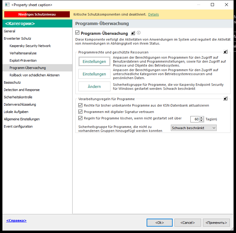 Fenster &bdquo;Einstellungen der Programm-Überwachung&ldquo;.