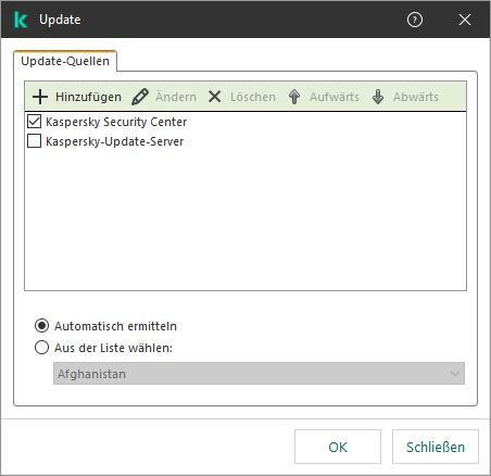 Ein Fenster mit einer Liste der Update-Quellen. Der Benutzer kann Update-Quellen hinzufügen und jeder Quelle eine Priorität zuweisen.