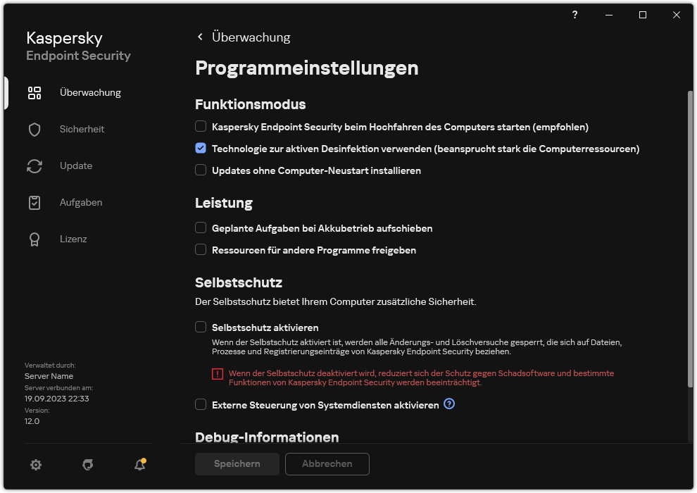 Fenster mit den App-Einstellungen. Der Benutzer kann Leistung, Selbstschutz und sonstige Einstellungen konfigurieren.