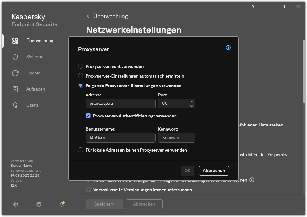 Das Fenster zum Konfigurieren der Proxyserver-Verbindung. Der Benutzer kann die Adresse des Proxyservers und Anmeldedaten für die Verbindung mit dem Proxyserver festlegen.