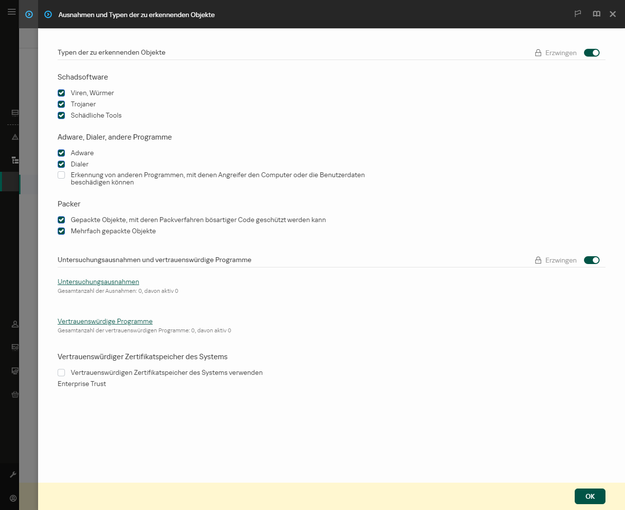 Fenster mit Einstellungen für Ausnahmen. Der Benutzer kann Ausnahmen und vertrauenswürdige Apps hinzufügen.