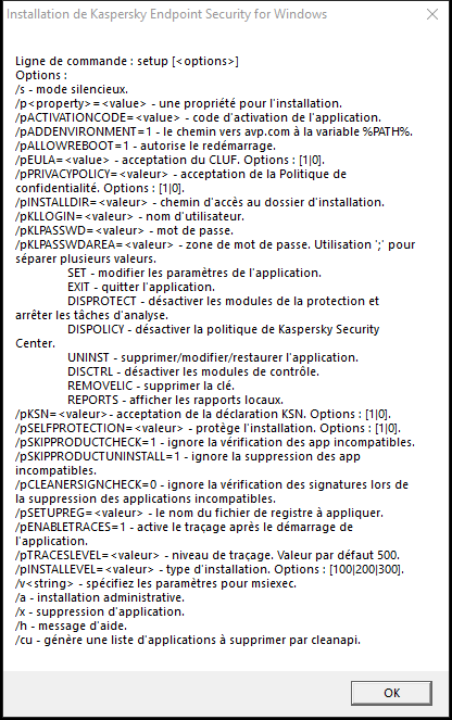 La fenêtre d'infobulle décrivant les options de commande pour installer l'application via CMD.