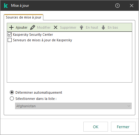 Une fenêtre avec la liste des sources de mises à jour. L'utilisateur peut ajouter des sources de mises à jour et attribuer une priorité à la source.