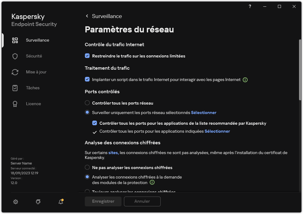 Fenêtre des paramètres réseau des applications.