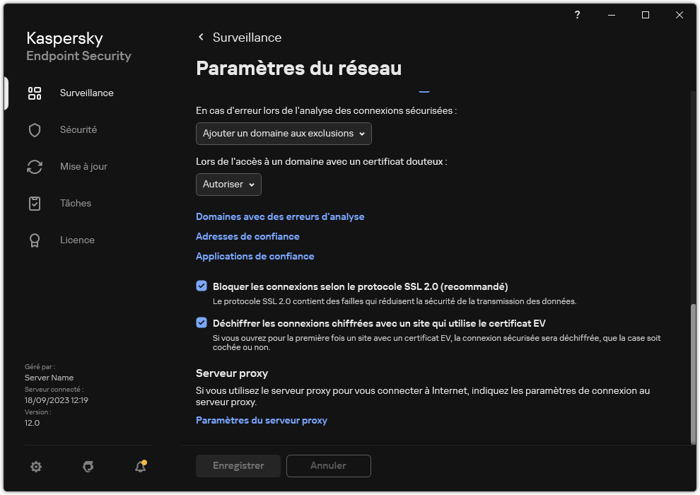 Fenêtre des paramètres réseau des applications.
