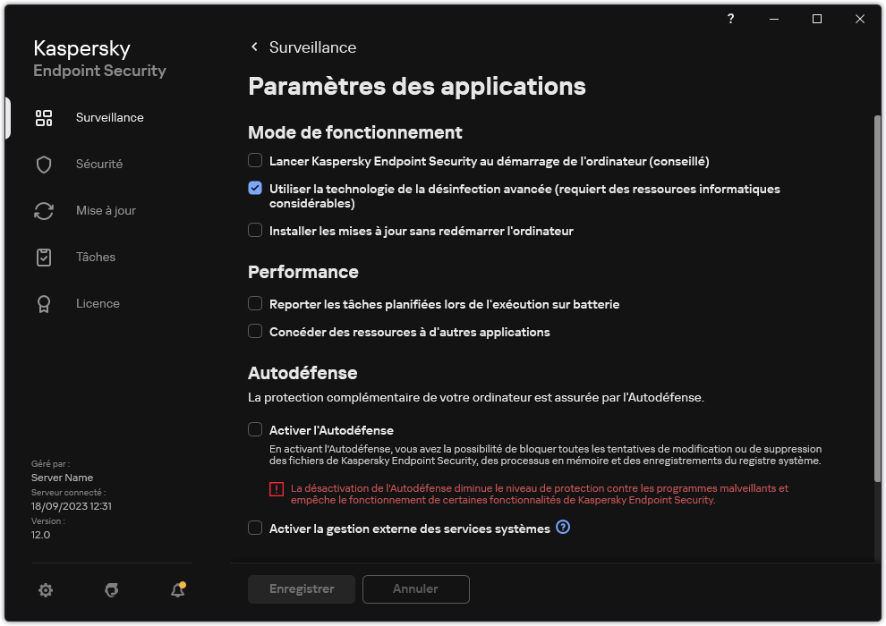 Fenêtre des paramètres de l'application. L'utilisateur peut configurer les performances, l'autodéfense ainsi que d'autres paramètres.