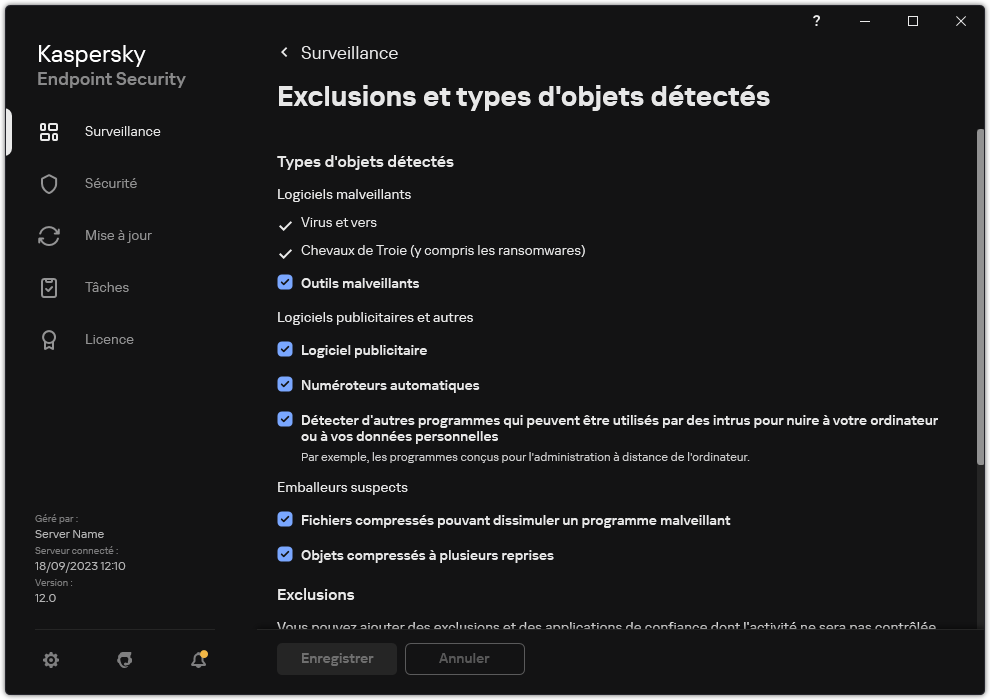 Fenêtre des paramètres d'exclusion. L'utilisateur peut sélectionner les types d'objets détectés et ajouter des objets aux exclusions.