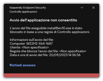 Notifica sull'avvio dell'applicazione bloccato. L'utente può creare una richiesta per avviare l'applicazione.