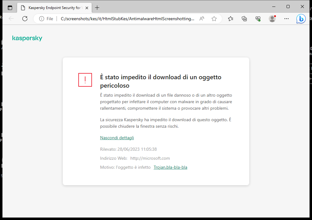 Notifica di Kaspersky sulla prevenzione del caricamento di oggetti dannosi nella finestra del browser.