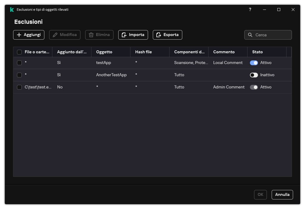 Una finestra con l'elenco delle esclusioni. Vengono visualizzate le proprietà di esclusione. L'utente può aggiungere, modificare o eliminare le esclusioni.
