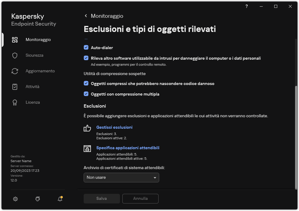 Finestra delle impostazioni di esclusione. L'utente può aggiungere esclusioni e applicazioni attendibili.