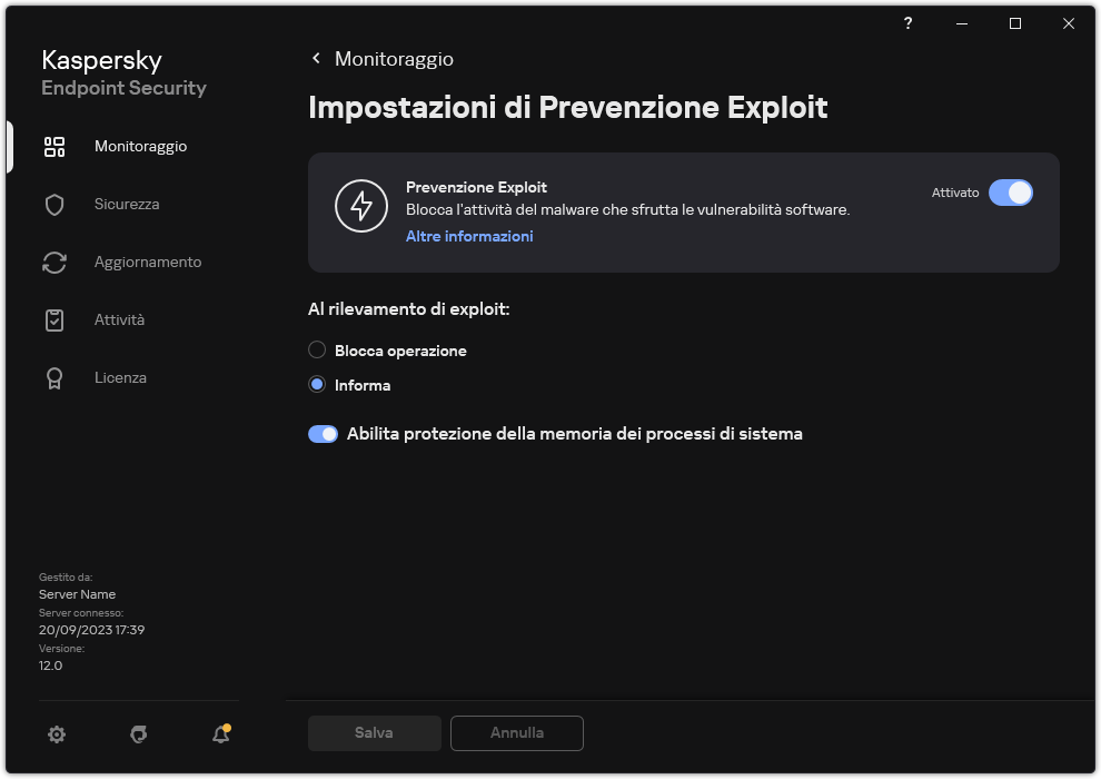 Finestra Impostazioni di Prevenzione Exploit