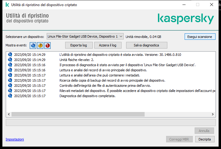 Una finestra con l'elenco degli eventi di utilità. L'utente può eseguire la diagnostica e decriptare il dispositivo selezionato.