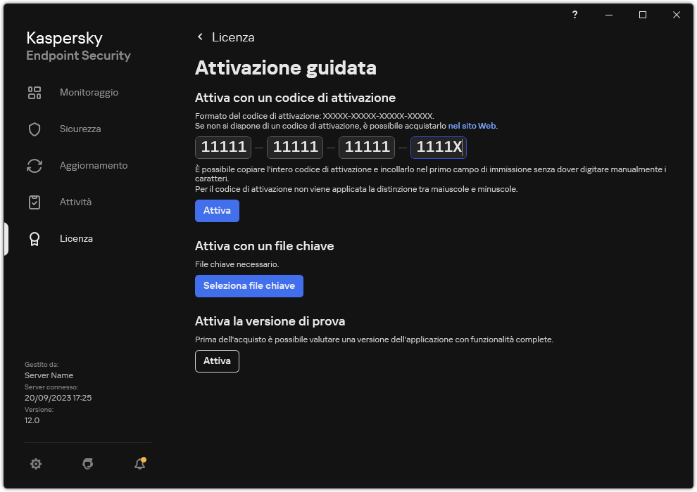 Finestra con gli strumenti di attivazione dell'applicazione. L'utente può immettere un codice di attivazione o selezionare un file chiave.