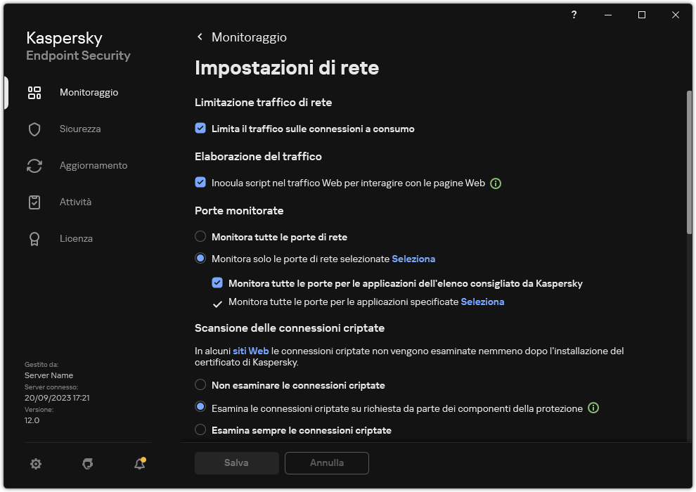 Finestra delle impostazioni di rete dell'applicazione.