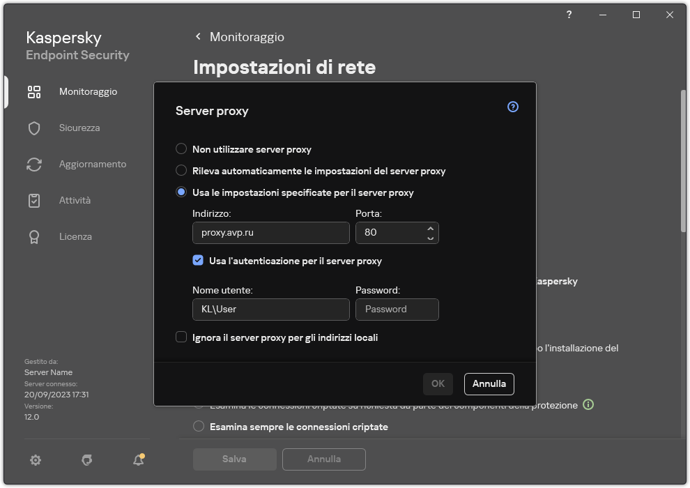La finestra per la configurazione della connessione al server proxy. L'utente può impostare l'indirizzo del server proxy e le credenziali per la connessione al server proxy.