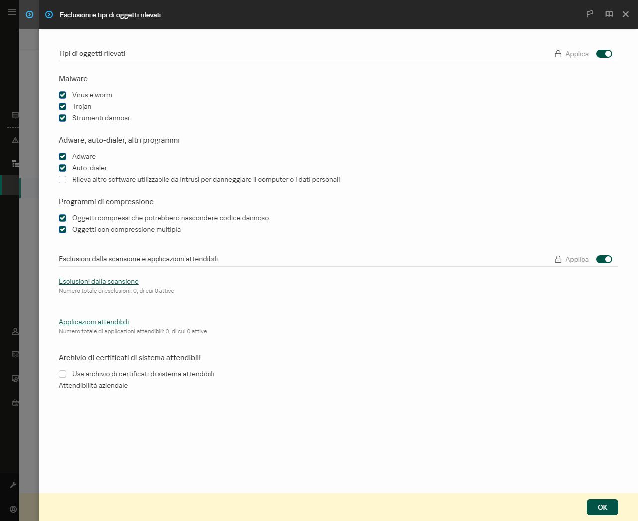 Finestra delle impostazioni di esclusione. L'utente può aggiungere esclusioni e applicazioni attendibili.