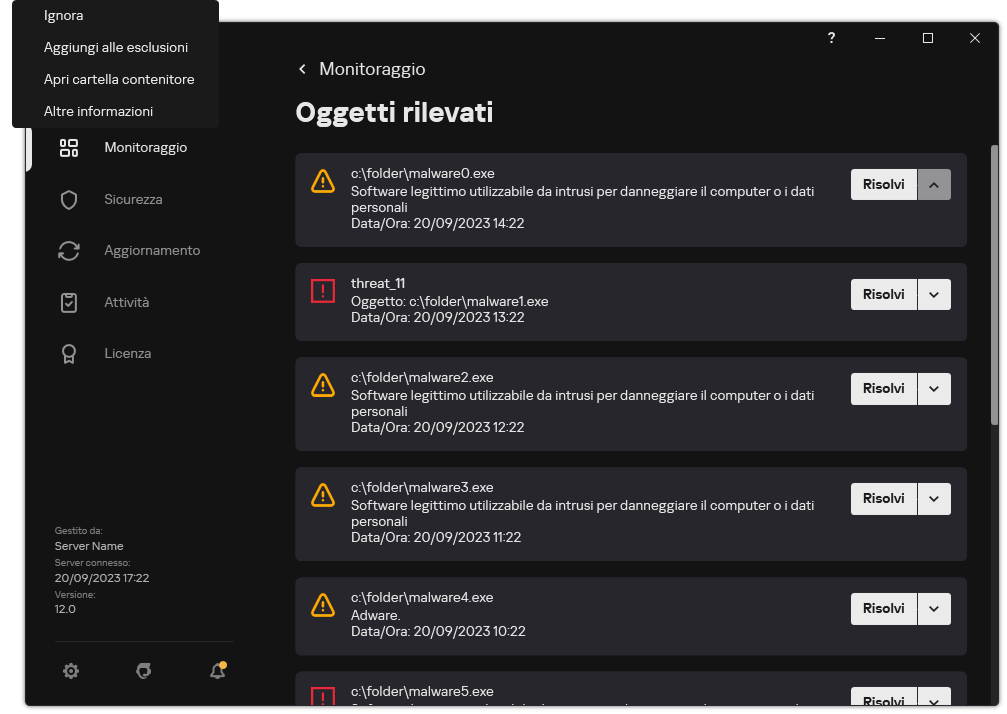 Una finestra con l'elenco degli oggetti rilevati. Vengono visualizzate informazioni sull'oggetto. L'utente può risolvere o rimuovere l'oggetto.