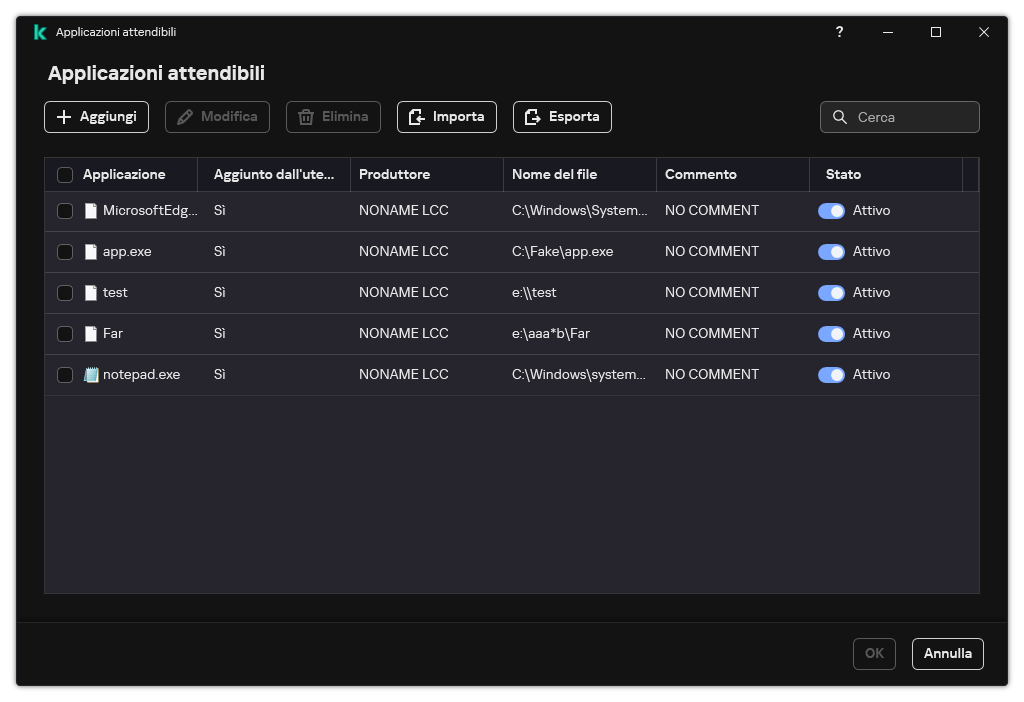 Una finestra con l'elenco delle applicazioni attendibili. L'utente può aggiungere, modificare o rimuovere un'applicazione attendibile.