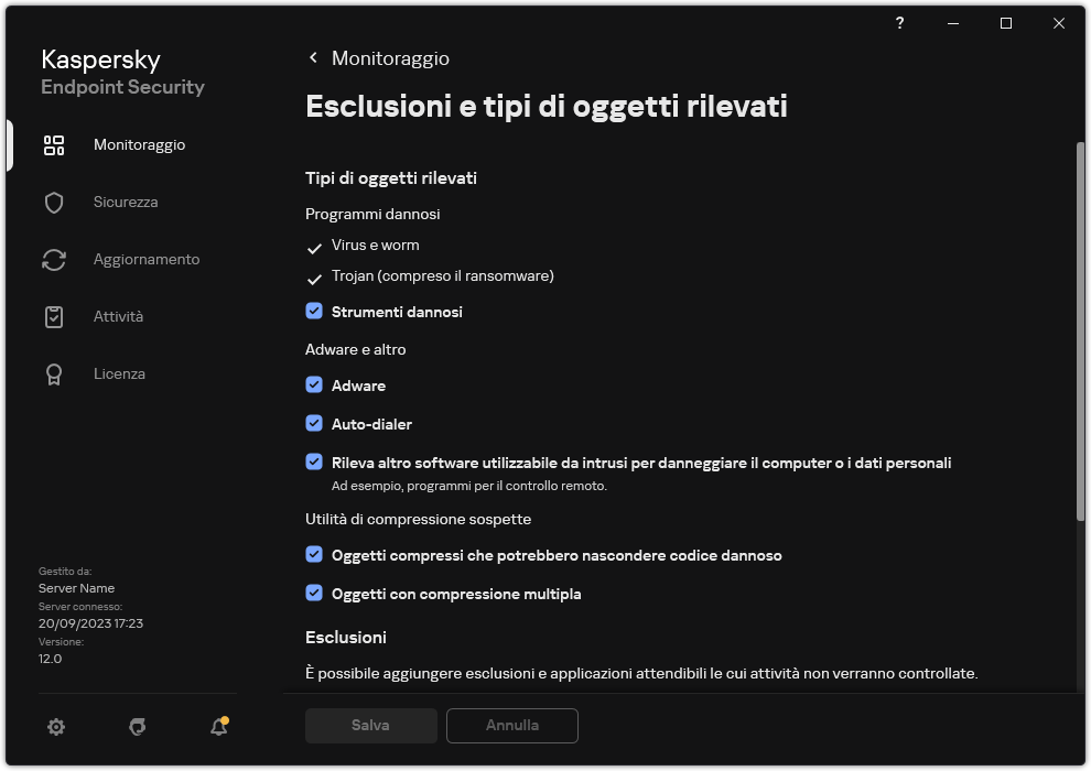 Finestra delle impostazioni di esclusione. L'utente può selezionare i tipi di oggetti rilevati e aggiungere oggetti alle esclusioni.