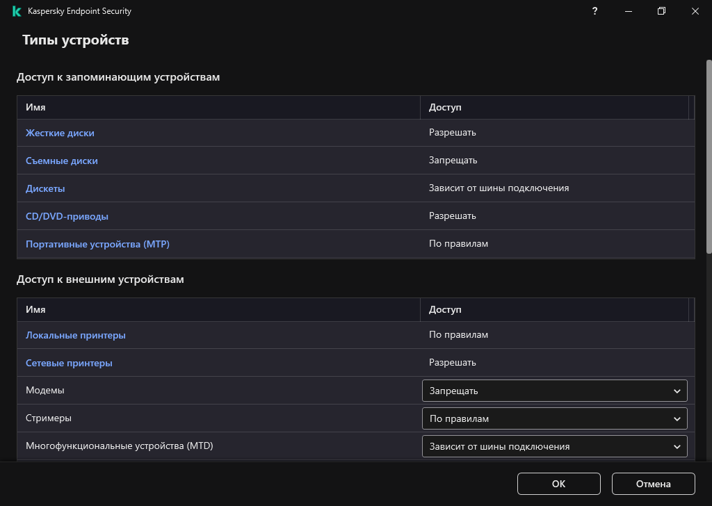 Окно настройки доступа к устройствам. Пользователь может настроить доступ к устройствам, а также настроить дополнительные параметры доступа, например, расписание доступа.